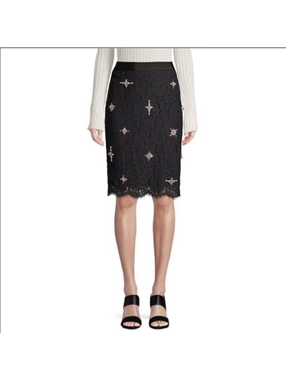 Joie Black Lace Midi Skirt with Pearl Embellishments
